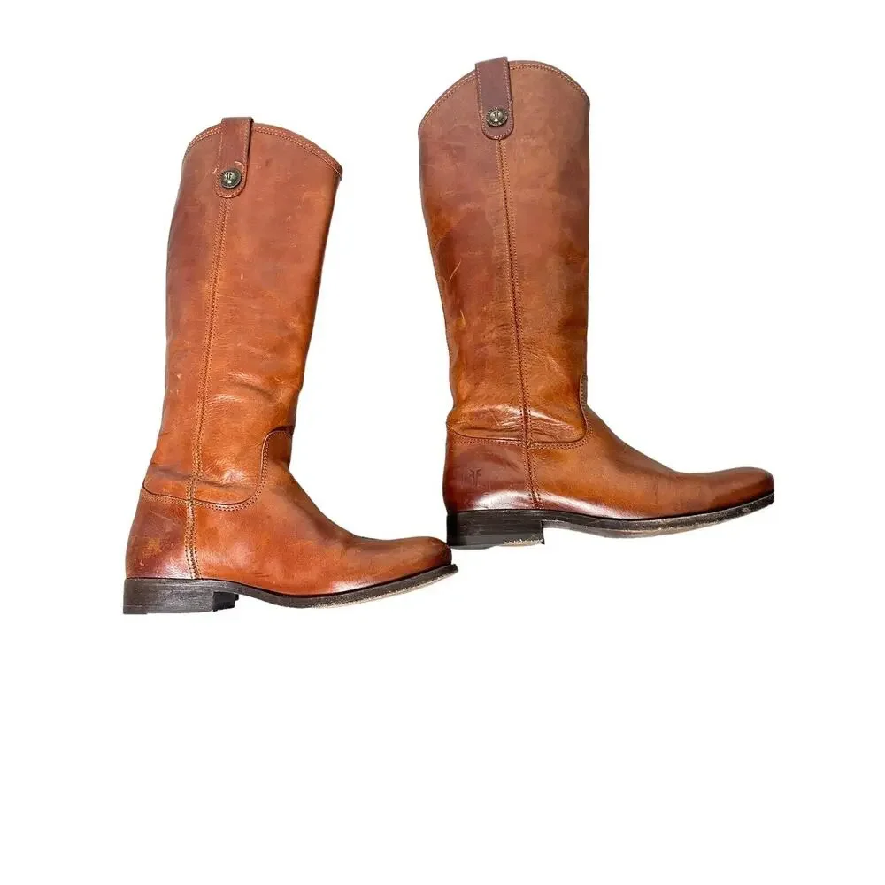 $298 Frye Melissa Button Cognac Riding Boot Brown Women Size 6.5 Tall Leather